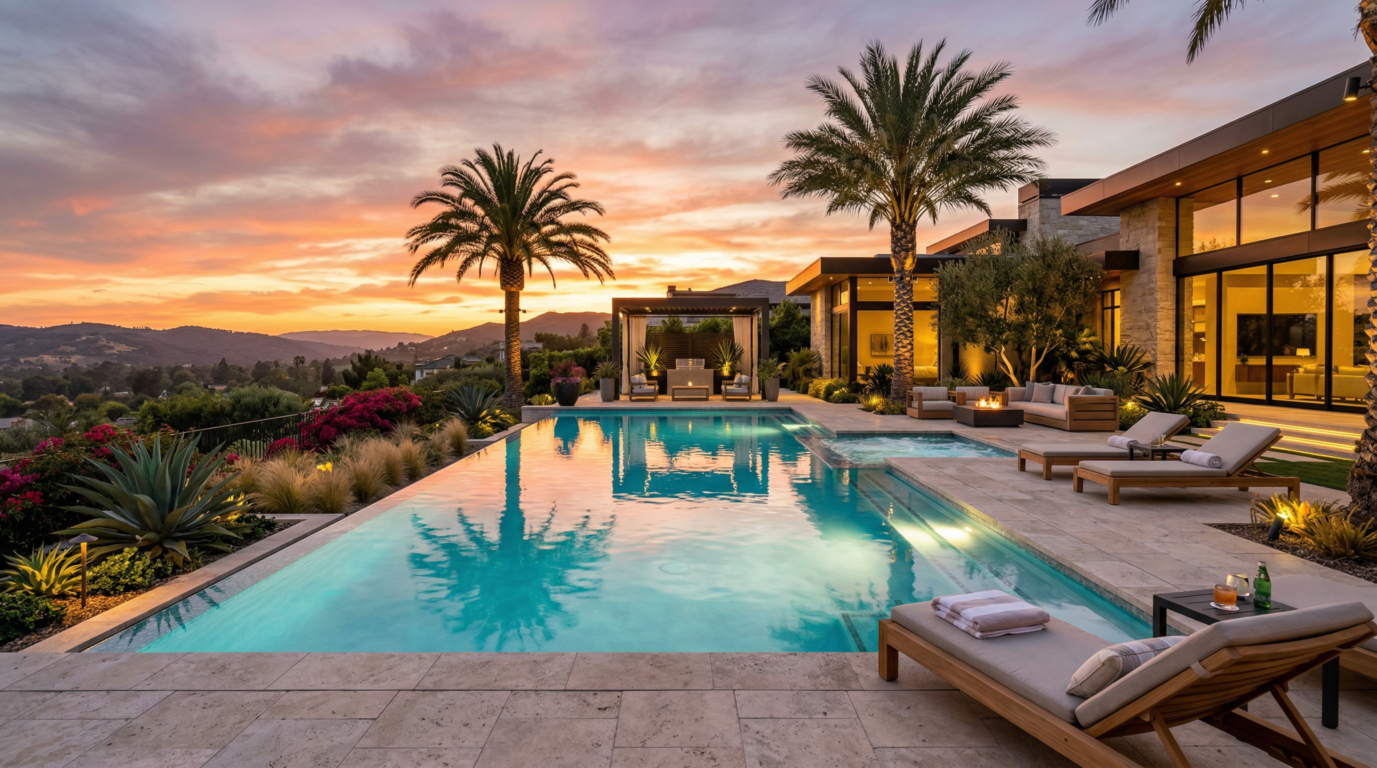Luxury inground swimming pool at sunset with stone patio and landscaping