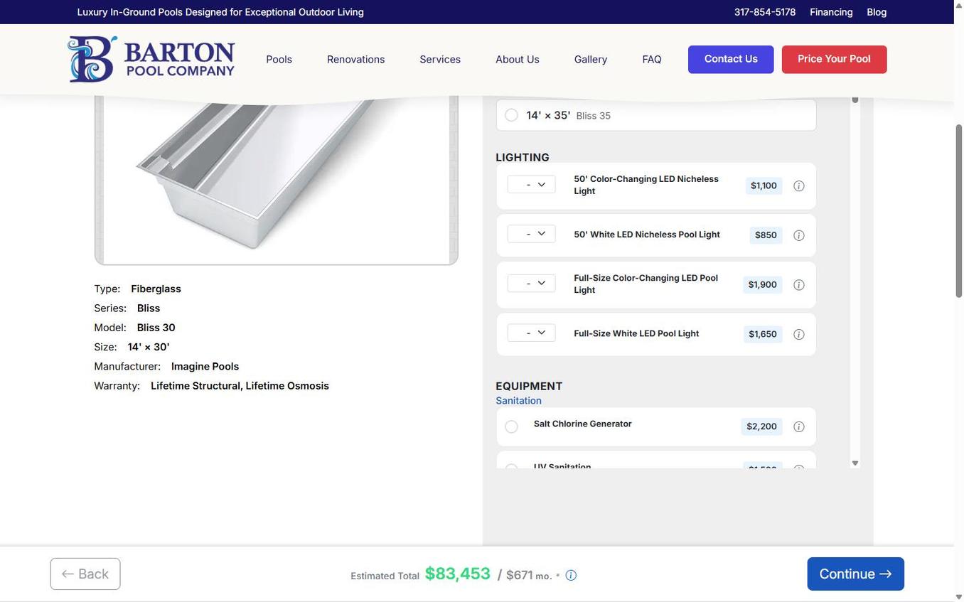 WP Pool Builder plugin running on a live pool company website showing the customization interface