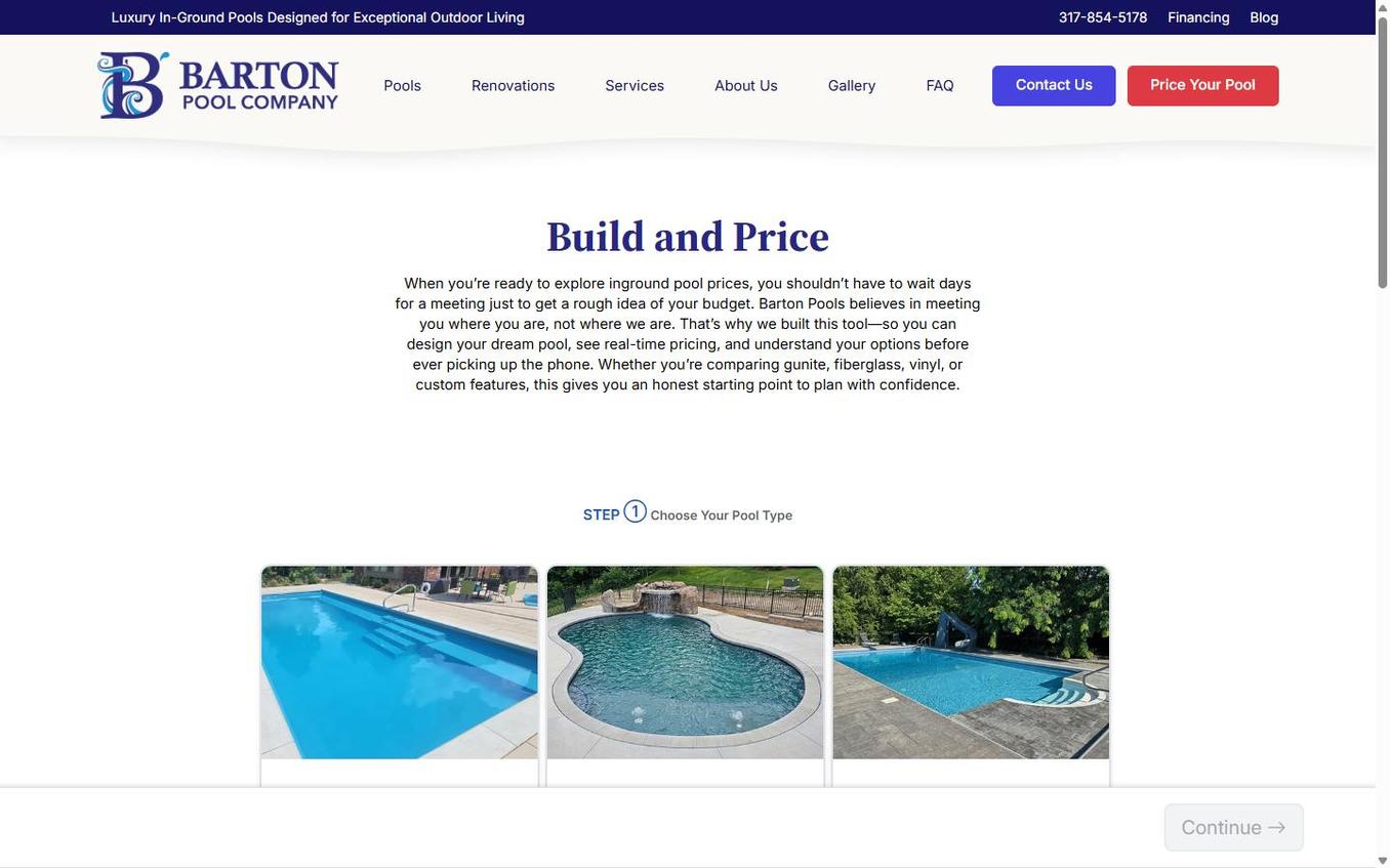 Plugin screenshot showing pool type selection with Fiberglass, Gunite, and Vinyl options