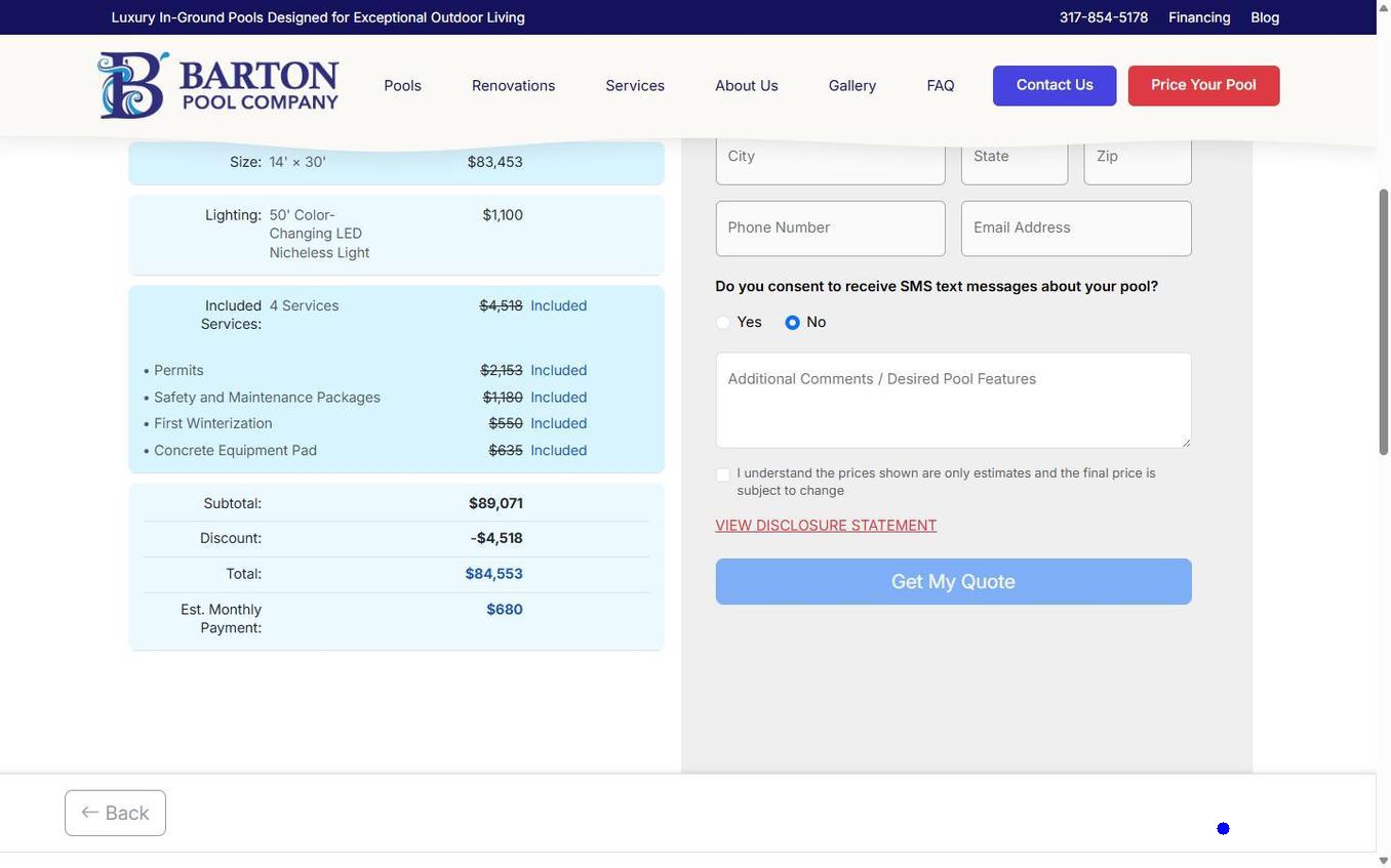 Plugin screenshot showing detailed price breakdown, monthly payment, and lead capture form