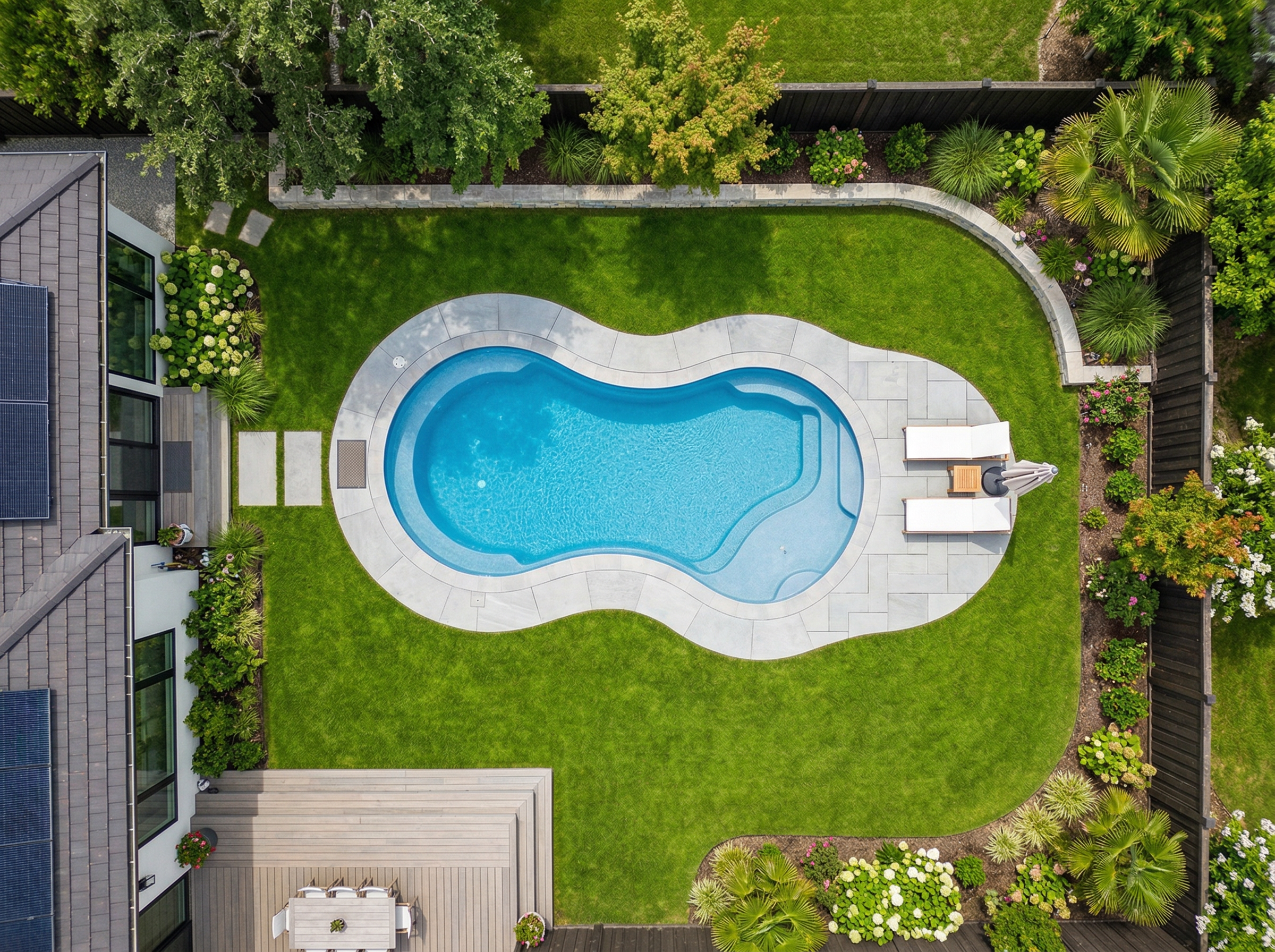 Fiberglass pool with curved shape in backyard