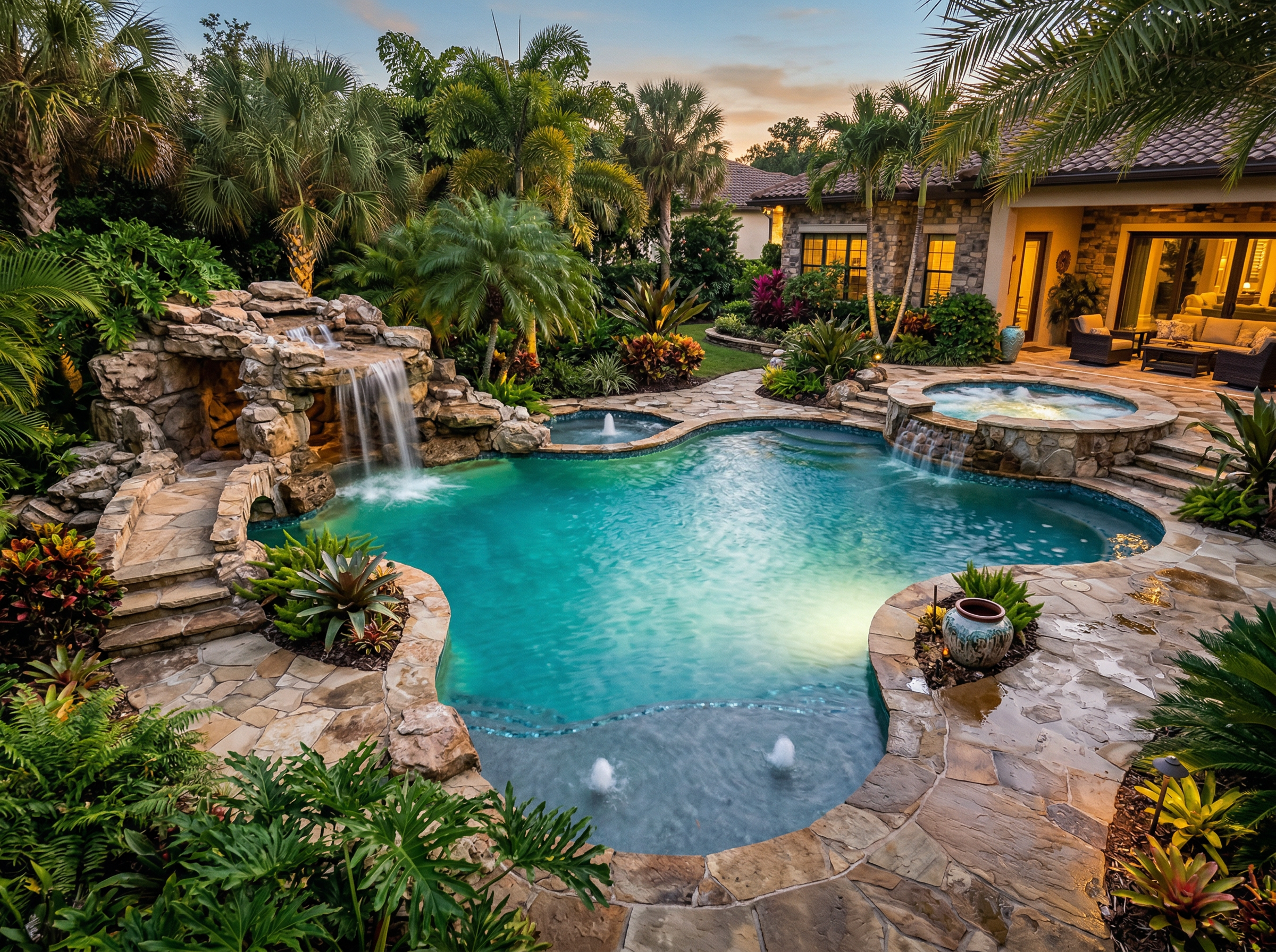 Custom gunite pool with water features