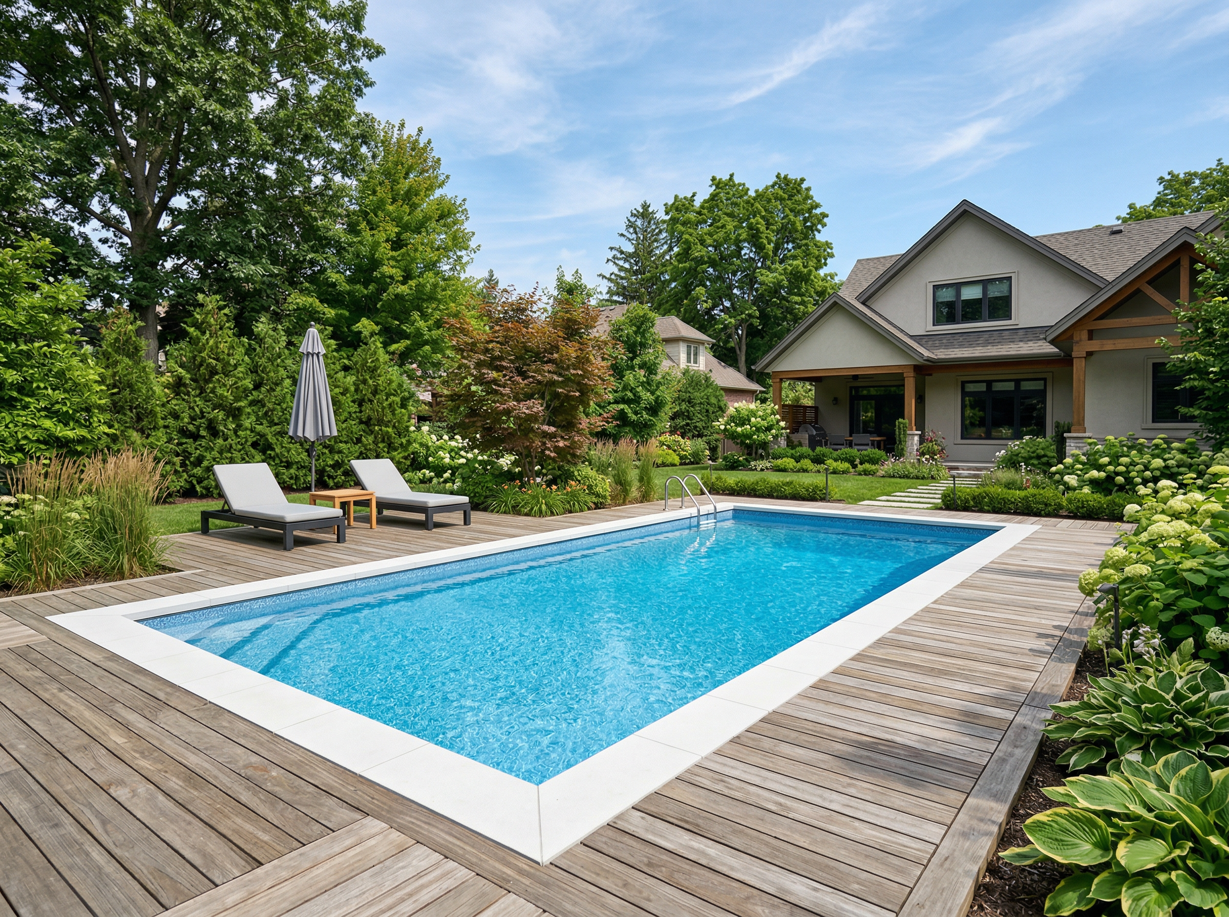 Rectangular vinyl liner pool with wooden deck